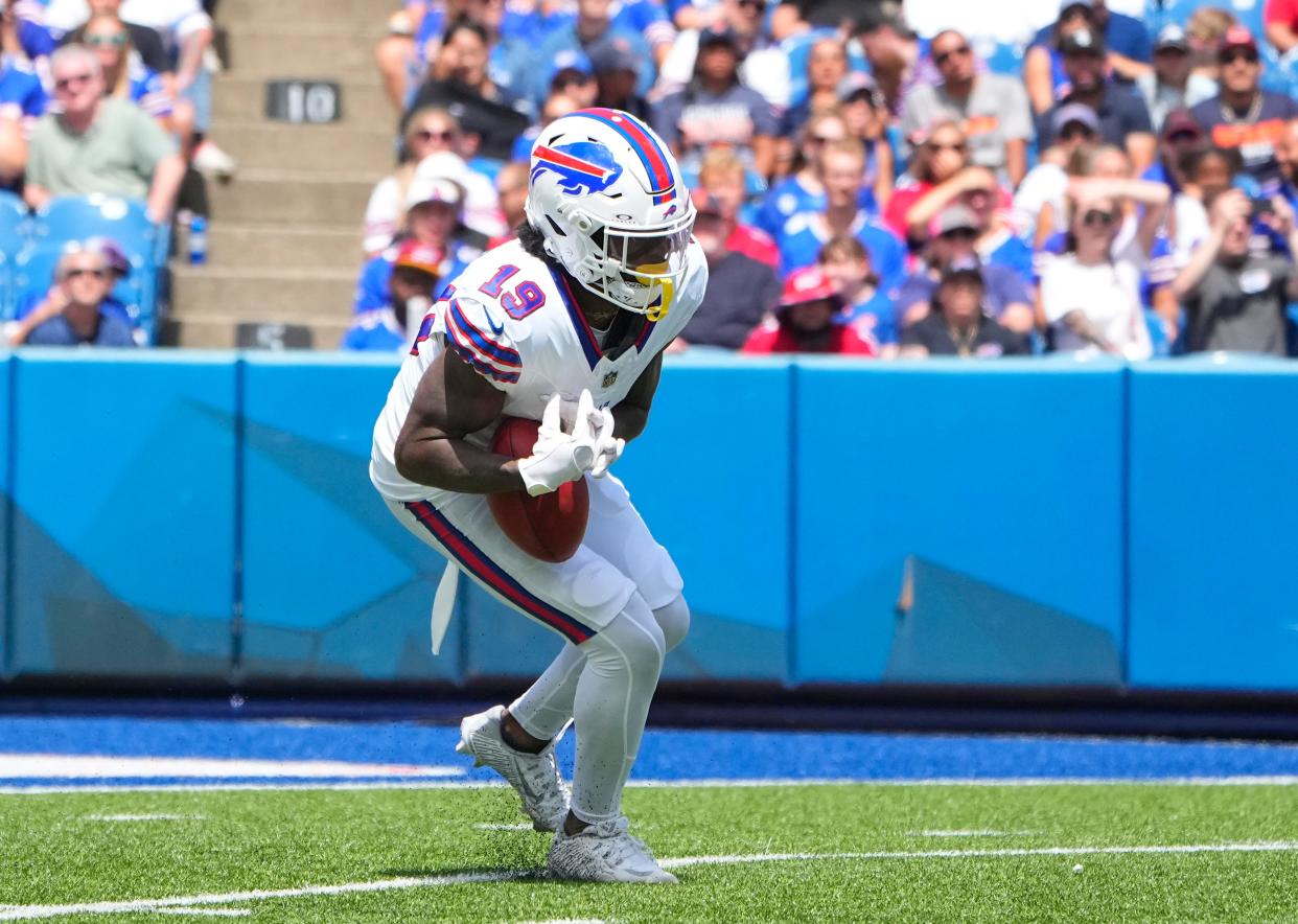 Buffalo Bills wide receiver KJ Hamler fumbles a kickoff against the Chicago Bears during the first half at Highmark Stadium.