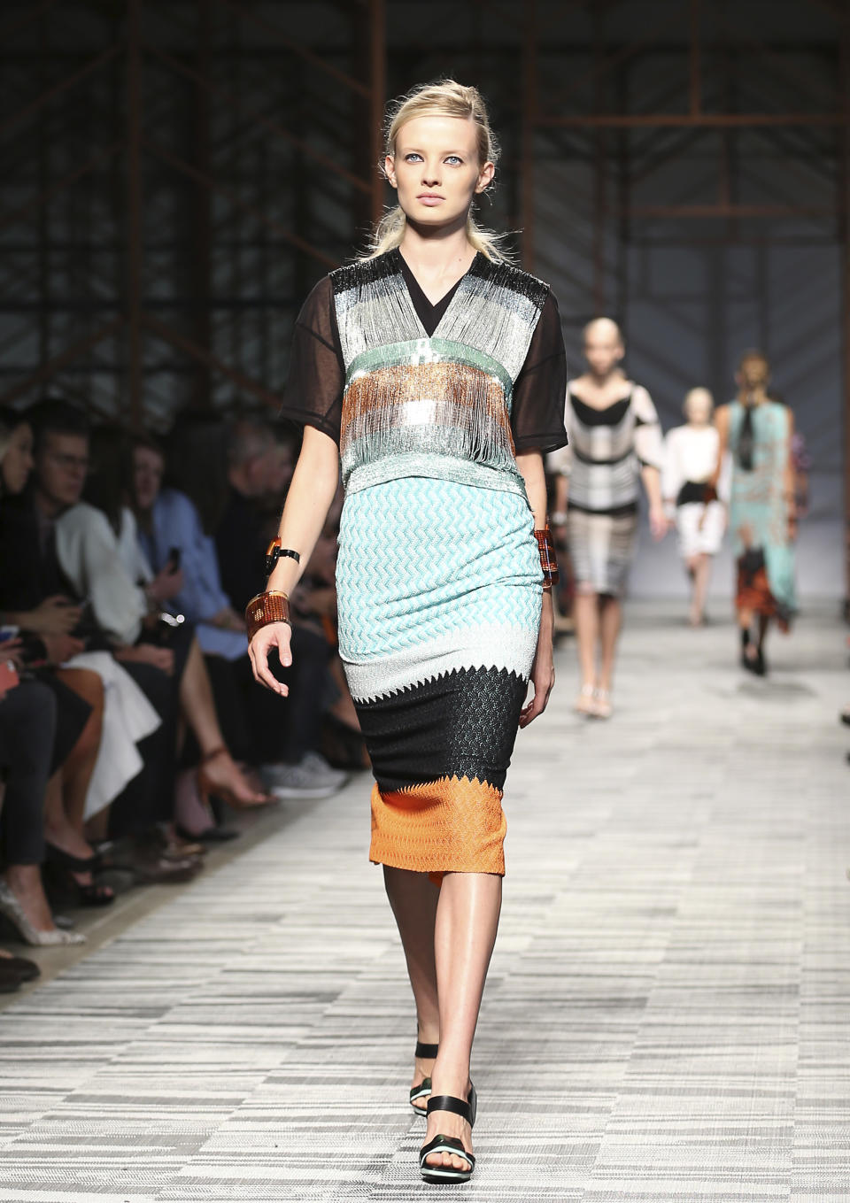 A model wears a creation for Missoni women's Spring-Summer 2014 collection, part of the Milan Fashion Week, unveiled in Milan, Italy, Sunday, Sept. 22, 2013. (AP Photo/Antonio Calanni)