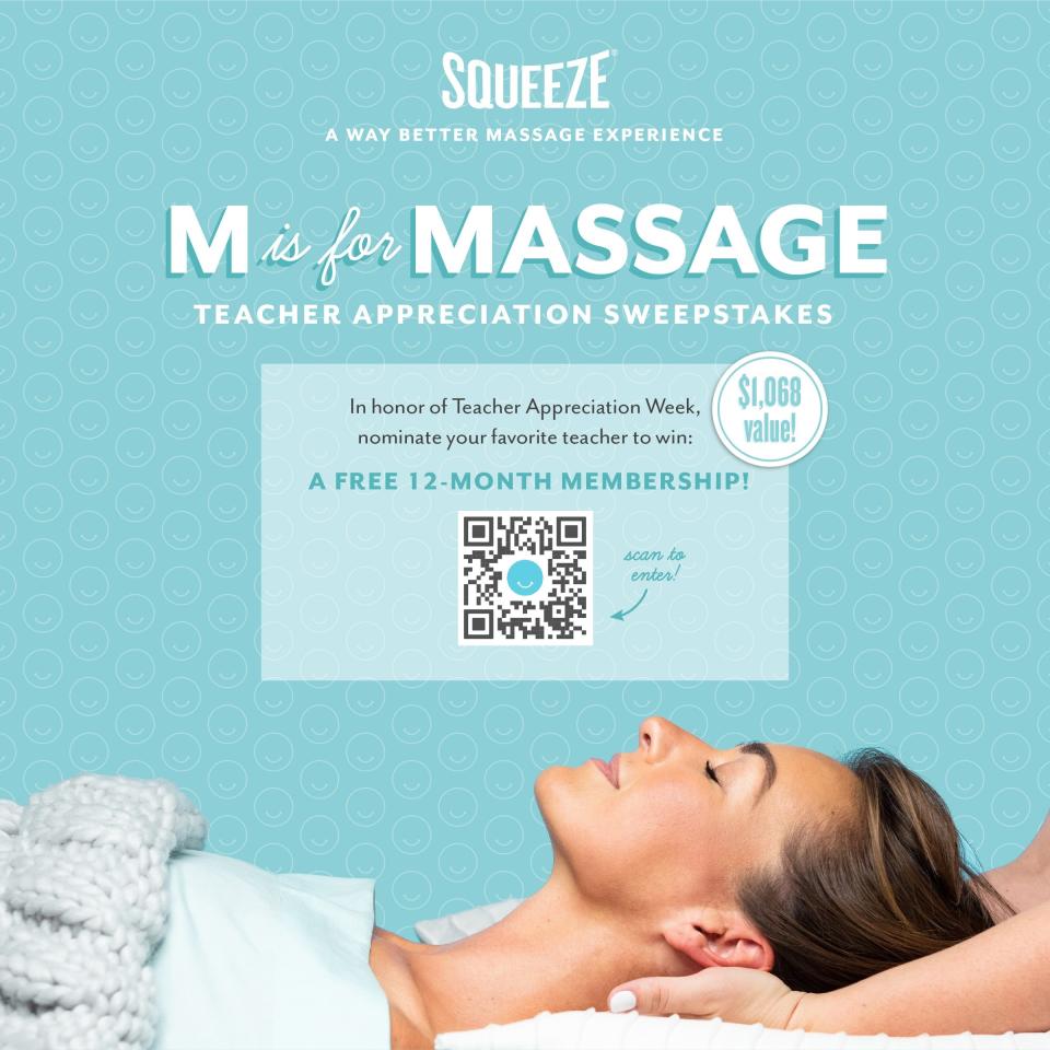 Squeeze is offering a chance for teachers to win a year of free monthly massages. Scan the QR to enter or head to sweeps.squeezemassage.com.