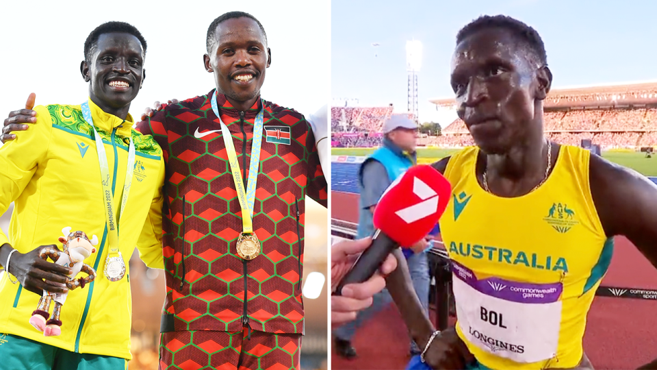 Peter Bol (pictured right) during an interview and (pictured left) posing with the silver medal.