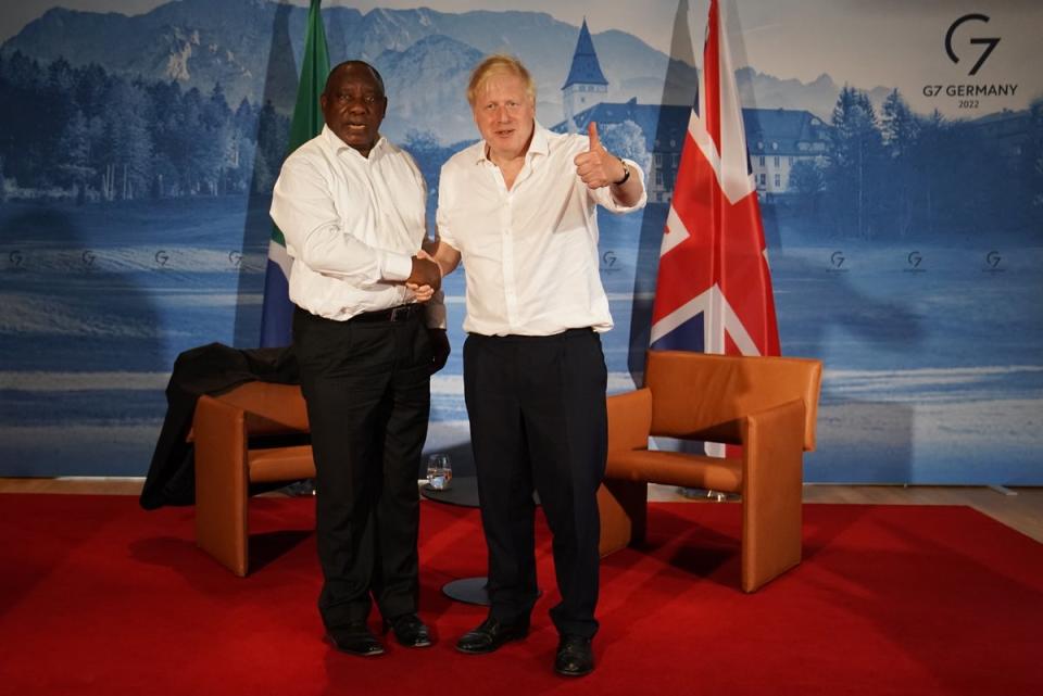 Boris Johnson at a bilateral meeting with South African president Cyril Ramaphosa in June (Getty)