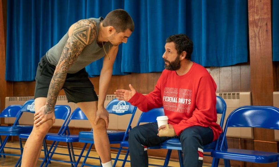 Adam Sandler with co-star Juancho Hernangomez in the Netflix original movie "Hustle."