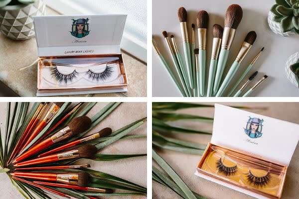 From top left, clockwise:&nbsp;<a href="https://www.pradosbeauty.com/product-page/luxury-mink-anissa-eyelashes">Anissa Lashes</a>,&nbsp;<a href="https://www.pradosbeauty.com/product-page/gimme-the-tea">Gimme The Tea brush set</a>,&nbsp;<a href="https://www.pradosbeauty.com/product-page/luxury-mink-almira-eyelash-set">Almira Lashes</a>,&nbsp;<a href="https://www.pradosbeauty.com/product-page/sedona">Sedona brush set</a> (Photo: Prados Beauty)