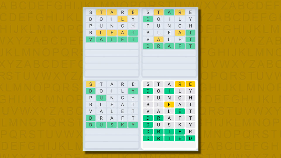 Quordle daily sequence answers for game 605 on a yellow background