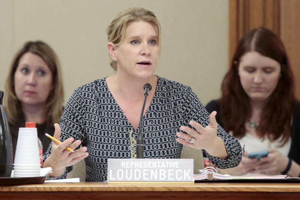 FILE - Rep. Amy Loudenbeck, R-Clinton, speaks during debate in a meeting of the Joint Finance Committee at the State Capitol in Madison, Wis., Friday, May 29, 2015. For the first time in decades, this year’s race for Wisconsin secretary of state means something. Four Republicans are vying to take on longtime Democratic incumbent Doug La Follette in November. (M.P. King/Wisconsin State Journal via AP)