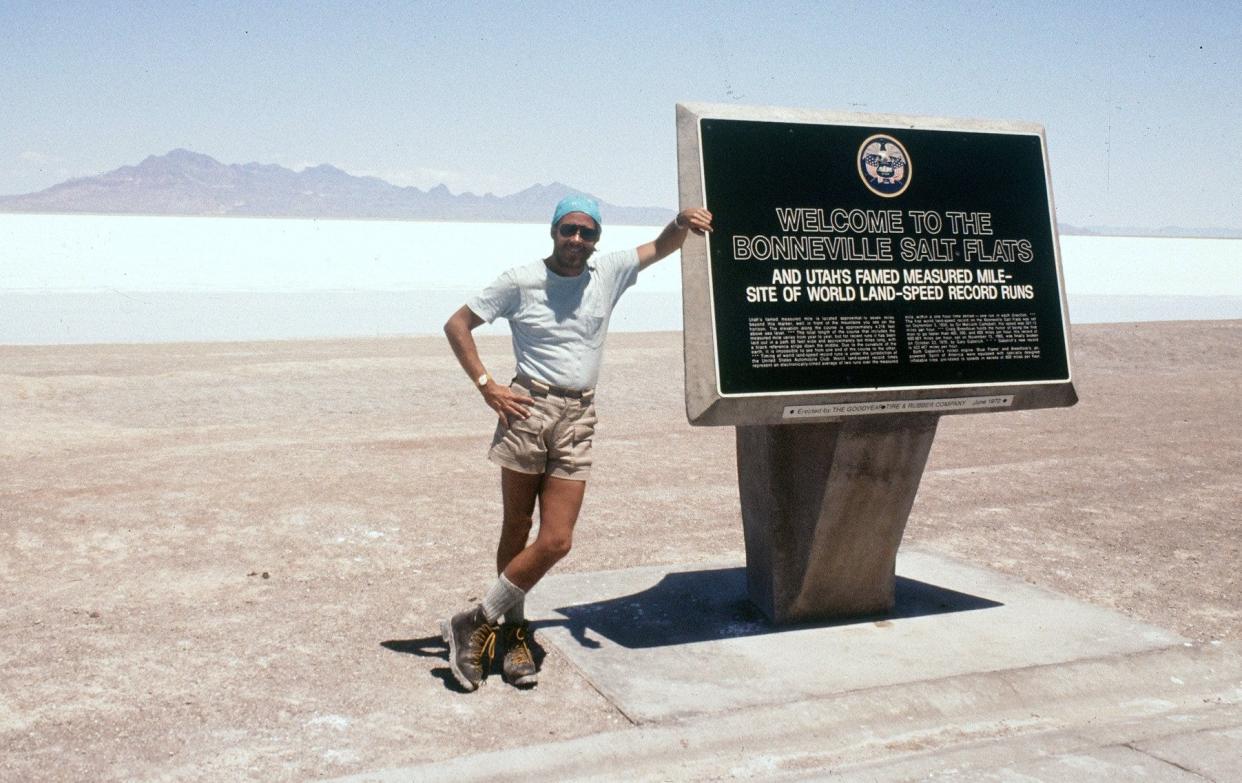 Stephan Foust pauses in the Bonneville Salt Flats in Utah in July 1980 on his hike across the United States.