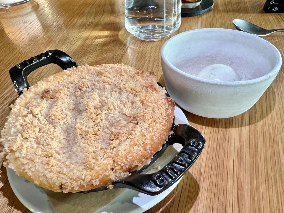 The peach cobbler at Audrey restaurant in East Nashville on July 30, 2023, is made with cornmeal biscuits