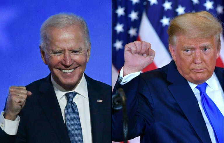 Le candidat démocrate à la présidentielle américaine Joe Biden, à Wilmington, et le président républicain sortant Donald Trump, à Washington, le 4 novembre 2020 - ANGELA  WEISS, MANDEL NGAN © 2019 AFP