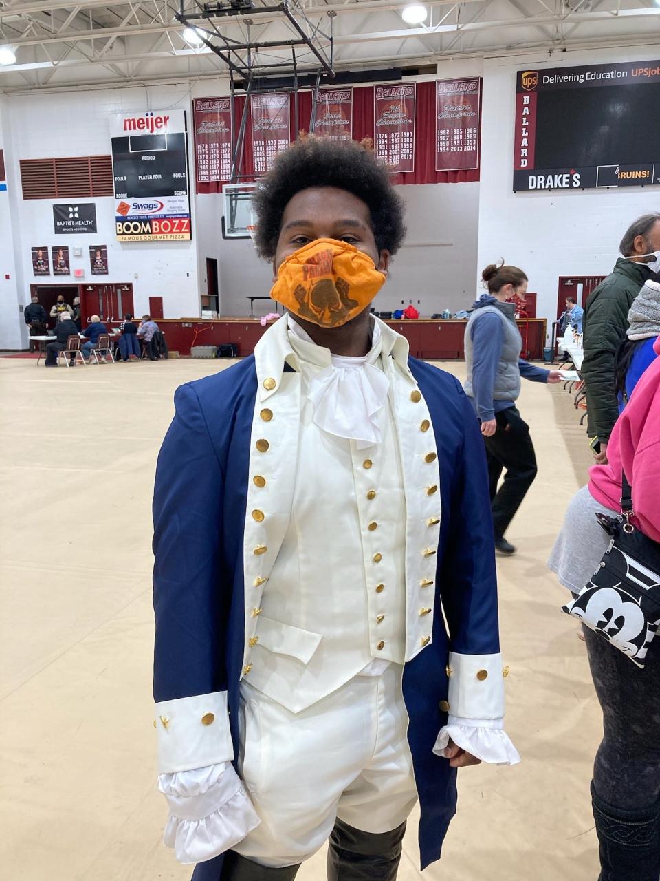 Michael Daniels, a first-time voter in Louisville, dressed up as Alexander Hamilton when he visted the polls at Ballard High School. Nov. 3, 2020