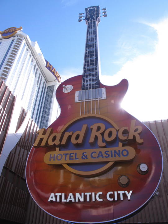 This Jan. 16, 2020, photo shows the giant guitar at the entrance to the Hard Rock casino in Atlantic City N.J. On Feb. 2, 2021, Hard Rock gave out more than $1 million in bonuses to its Atlantic City workers as a thank you for working during the coronavirus pandemic. (AP Photo/Wayne Parry)