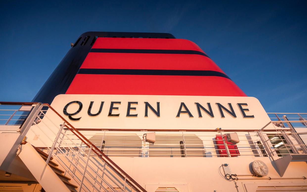 The sun rises on Cunard's new ship, Queen Anne, on they day she was officially handed over to the owners from the Fincantieri shipyard in northern Italy