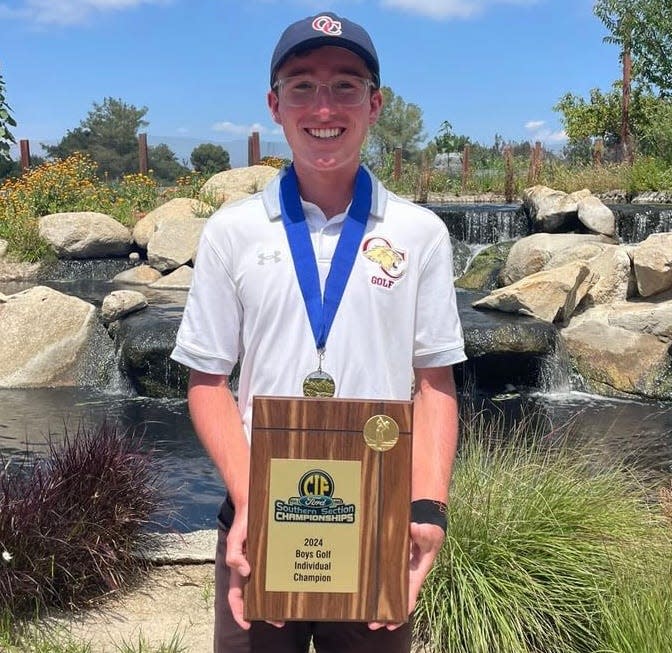 Oaks Christian's Max Emberson poses with the championship plaque after winning the individual title at the CIF-SS Individual Championship & SCGA Qualifying Tournament at Temecula Creek Golf Club on Thursday, May 16, 2024.