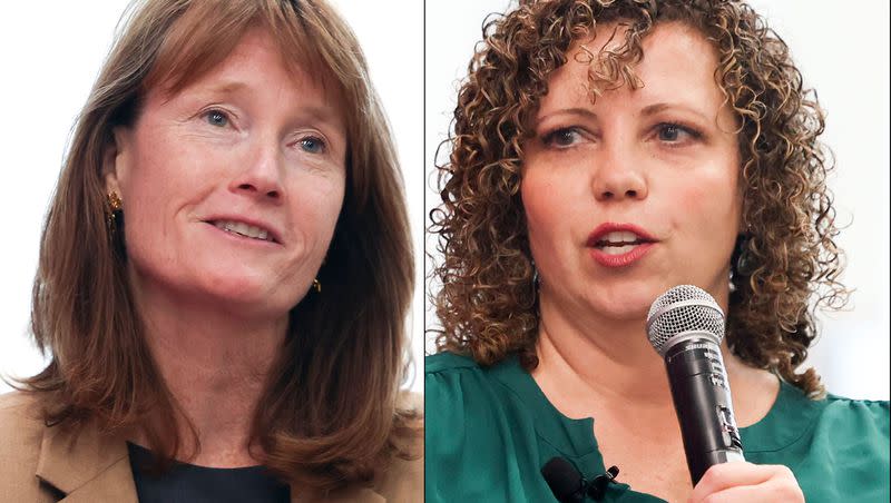 Pictured in this composite photo, Utah 2nd Congressional District Democratic nominee Kathleen Riebe, left, and Utah 2nd Congressional District Republican nominee Celeste Maloy, right, speak during a candidate forum at the University of Utah’s Hinckley Institute of Politics in Salt Lake City on Thursday, Nov. 16, 2023.