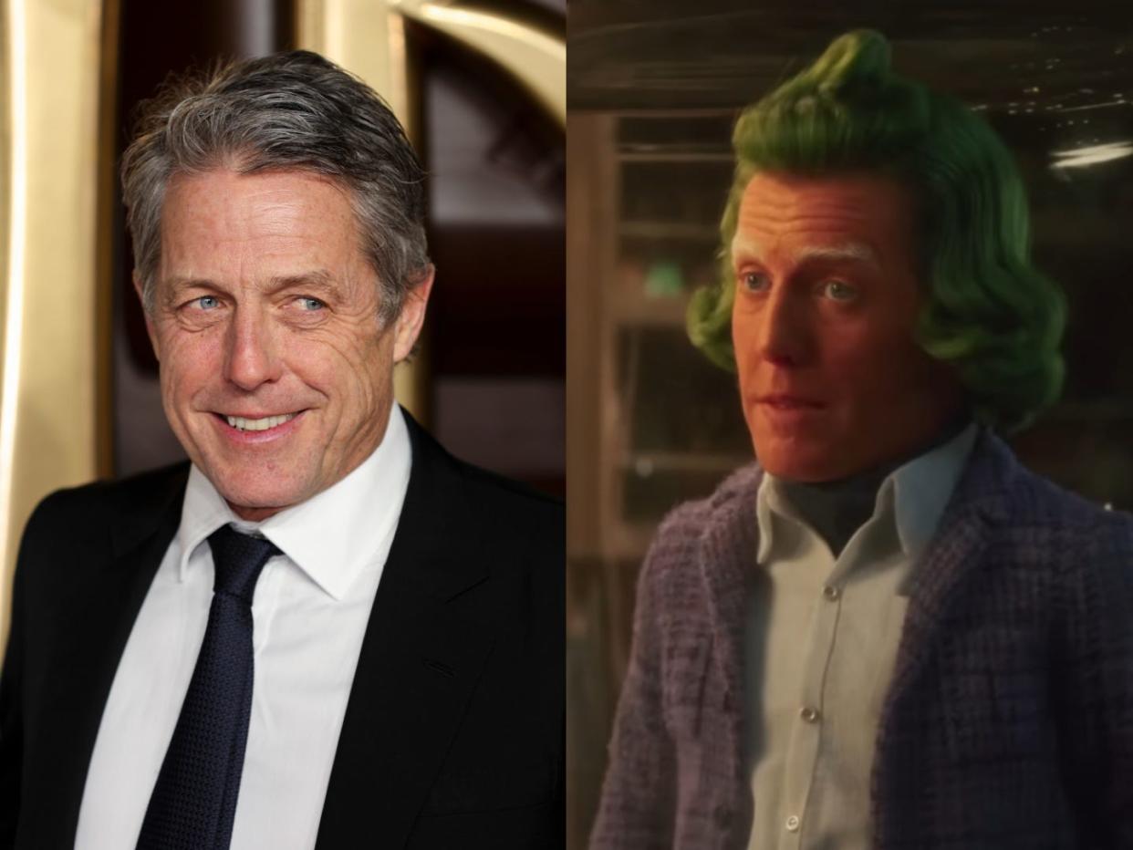 Hugh Grant in a suit and as an Oompa-Loompa in "Wonka."