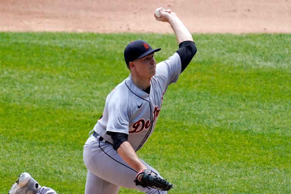 Tigers pitcher Tarik Skubal throws against the White Sox during the first inning on Saturday, June 5, 2021, in Chicago.