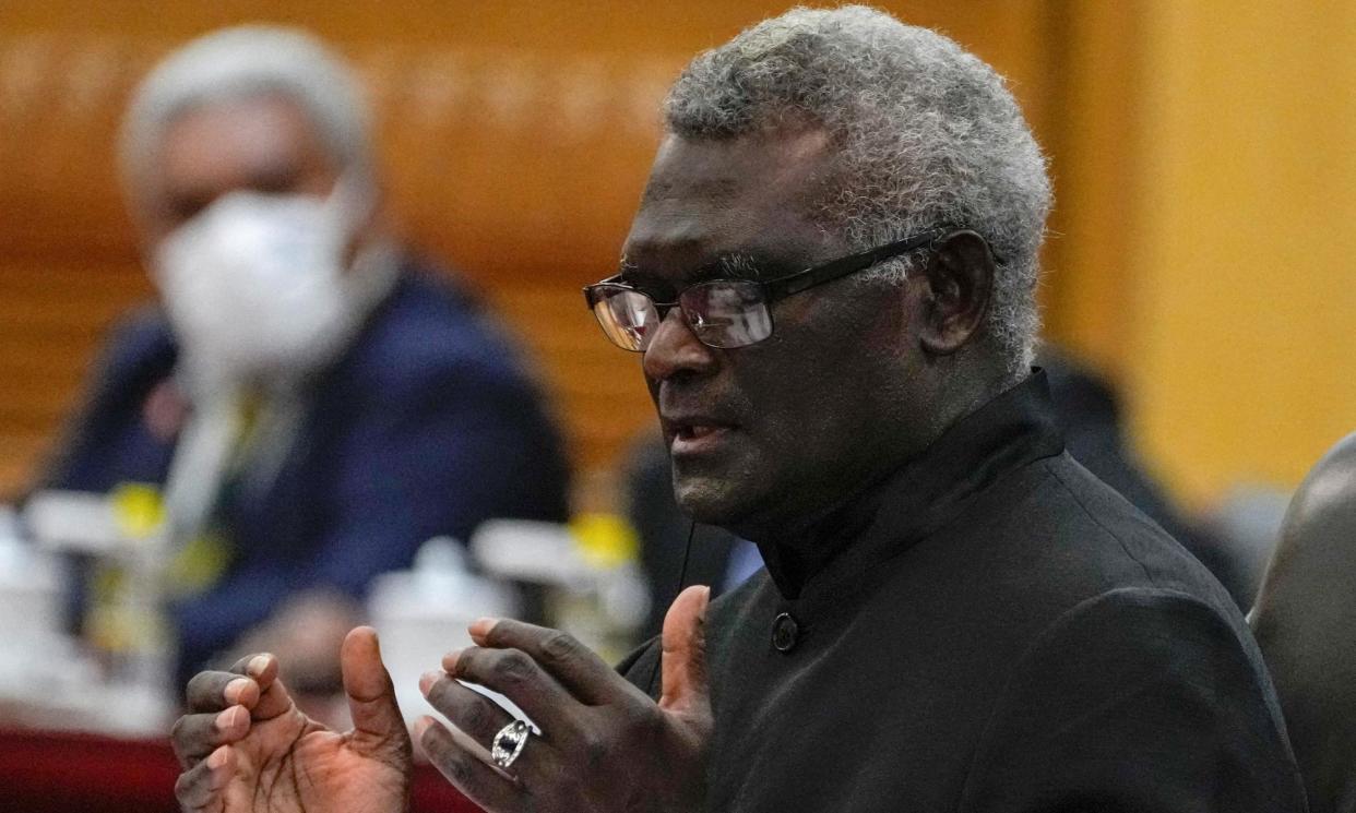 <span>Solomon Islands Prime Minister Manasseh Sogavare speaks during a bilateral meeting with his Chinese counterpart in July 2023.</span><span>Photograph: Reuters</span>