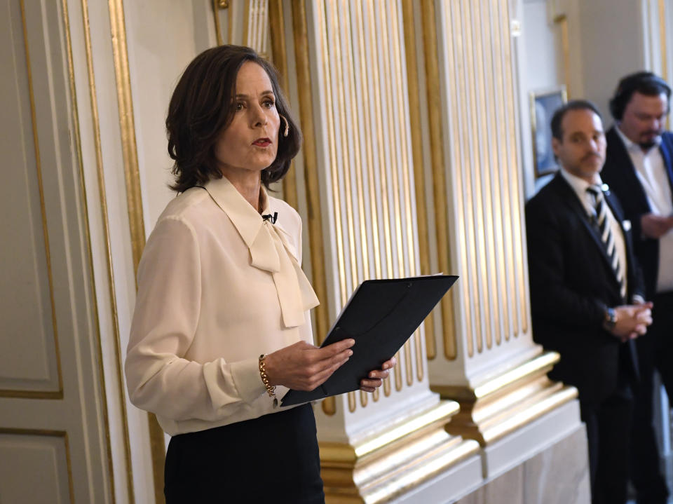 FILE - In this Thursday, Oct. 13, 2016 file photo, permanent Secretary of the Swedish Academy Sara Danius announces that Bob Dylan is awarded the 2016 Nobel Prize in Literature during a presser at the Old Stockholm Stock Exchange Building in Stockholm, Sweden. Sara Danius, the first female head of the prestigious Swedish body that awards the Nobel Prize in Literature, has died. She was 57. Her family told Swedish news agency TT that Danius passed away early Saturday following a long illness. (Jonas Ekstromer/TT via AP, File )