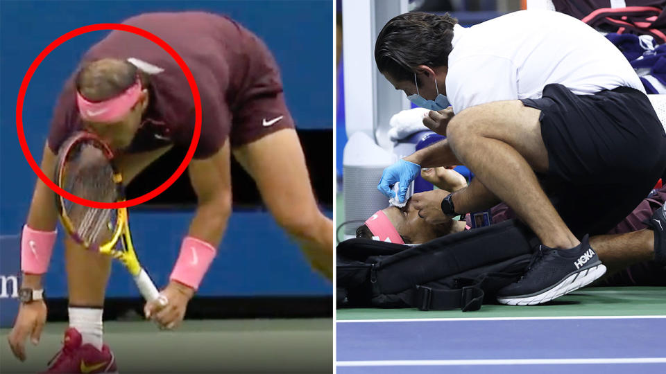 Pictured right, Rafael Nadal is treated by medical staff after a mishap at the US Open.