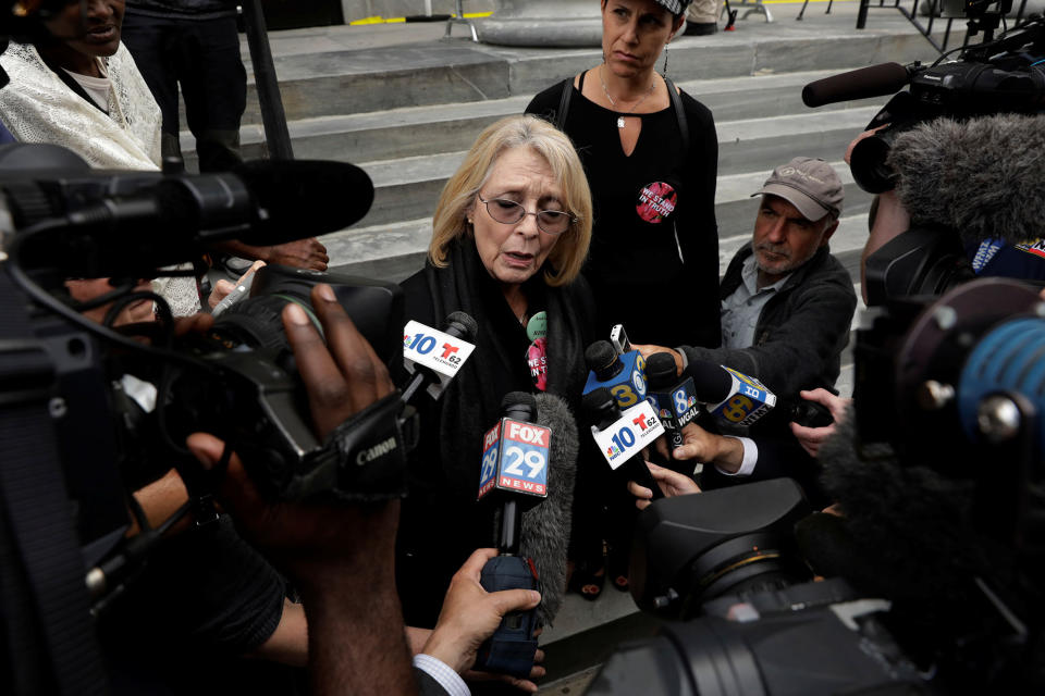 <p>Victoria Valentino speaks to the media during a break in the fourth day of Bill Cosby’s sexual assault trial at the Montgomery County Courthouse in Norristown, Pa., June 8, 2017. (Photo: Lucas Jackson/Reuters) </p>