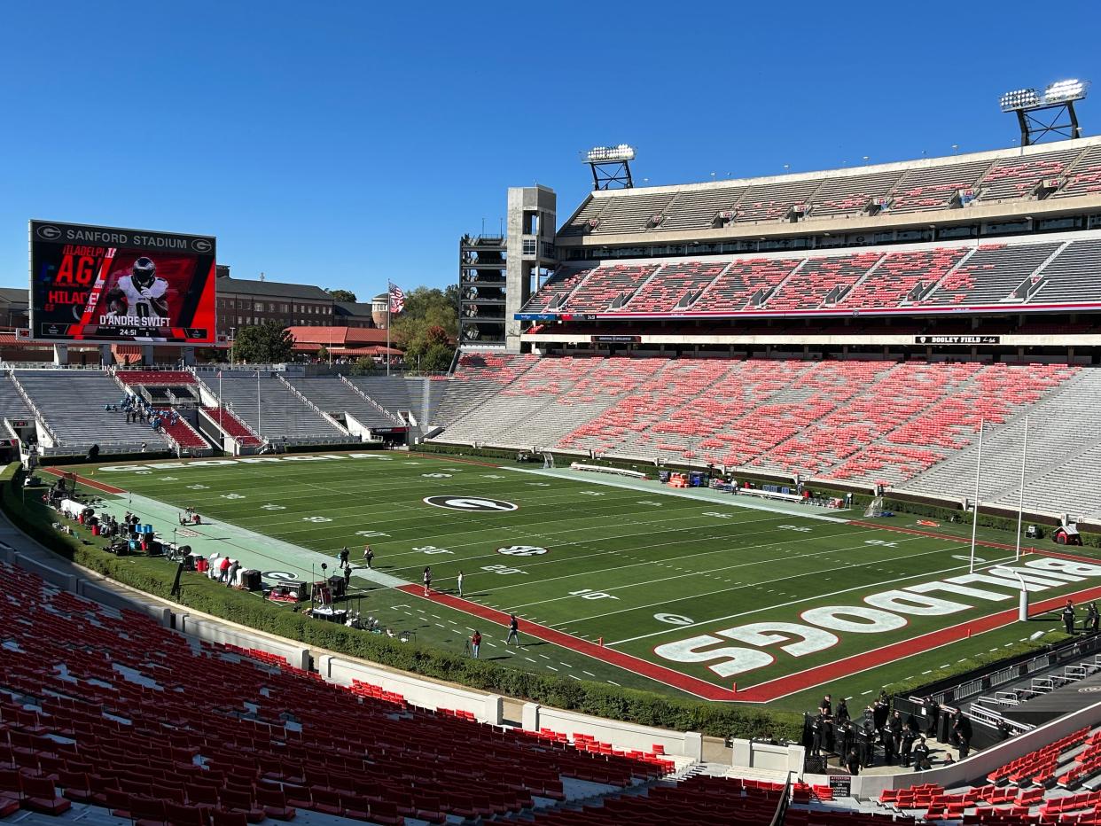 FILE - Sanford Stadium before Georgia-Kentucky football game on Oct. 7, 2023. The stadium was built 95 years ago in 1929.