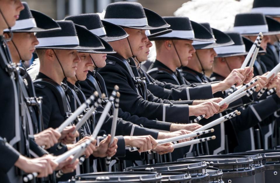 The Swiss Top Secret Drum Corps during the working rehearsal for this year’s Royal Edinburgh Military Tattoo at Redford Barracks, Edinburgh (Jane Barlow/PA) (PA Wire)