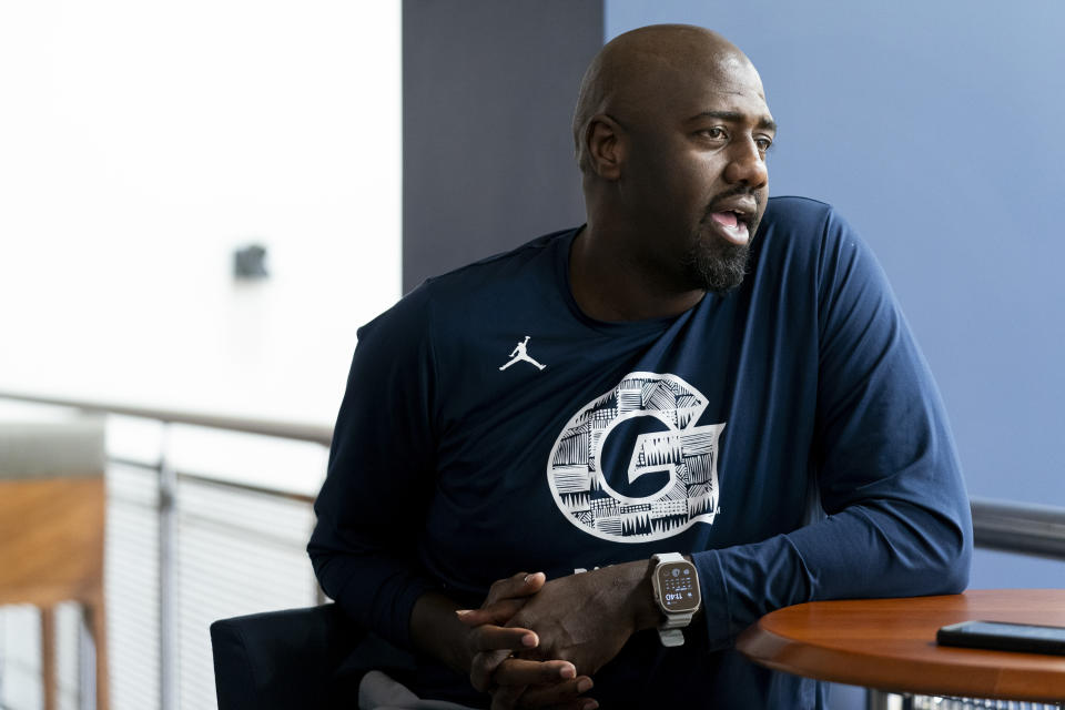 Georgetown NCAA college basketball associate head coach Ivan Thomas speaks during an interview, Thursday, Oct. 19, 2023, in Washington. (AP Photo/Stephanie Scarbrough)