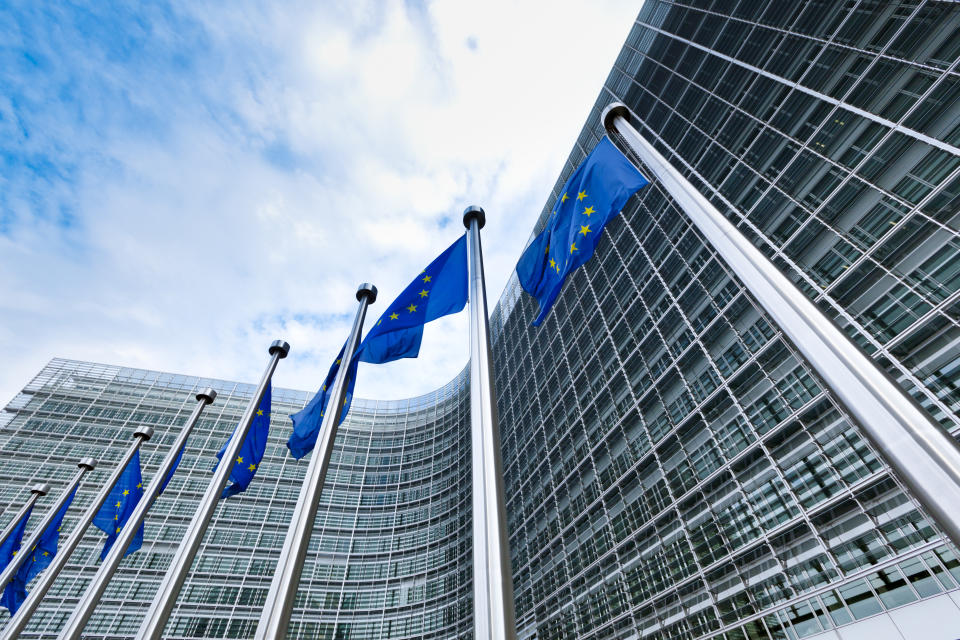 european union flags at the EEC building in brussels, belgium.