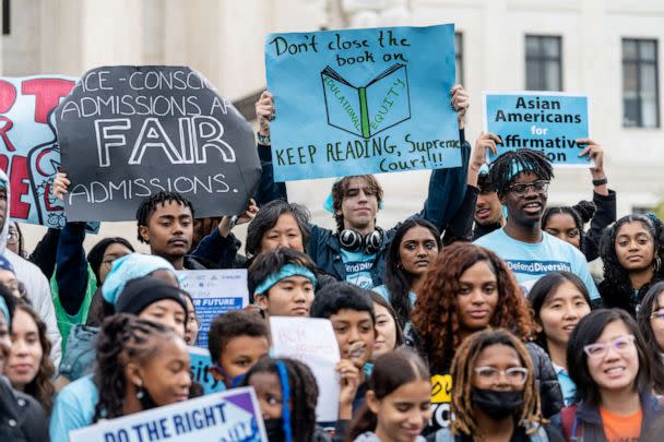 PHOTO: Supporters pose for a group photo during a rally in support affirmative action policies outside the Supreme Court in Washington, D.C., October 31, 2022. (Eric Lee for The Washington Post via Getty Images, FILE)