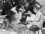 <p>Child actor Butch Jenkins flashes a smile while reenacting Christmas morning cheer with Lassie. </p>