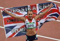 Britain's Jessica Ennis celebrates after winning the women's heptathlon at the athletics event of the London 2012 Olympic Games on August 4, 2012 in London