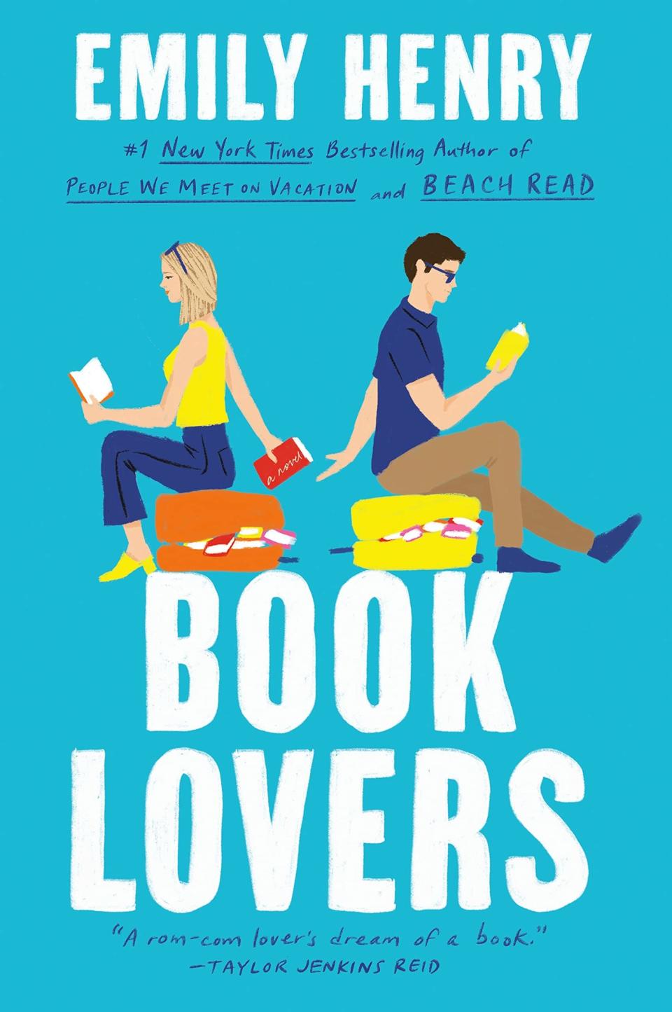 "Book Lovers" cover illustrating a guy and a girl reading books 