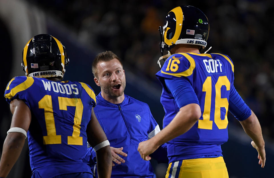 LOS ANGELES, CALIFORNIA - DECEMBER 08: Head coach Sean McVay of the Los Angeles Rams celebrates a touchdown with quarterback Jared Goff #16 in the second quarter of the game against the Seattle Seahawks at Los Angeles Memorial Coliseum on December 08, 2019 in Los Angeles, California. (Photo by Harry How/Getty Images)
