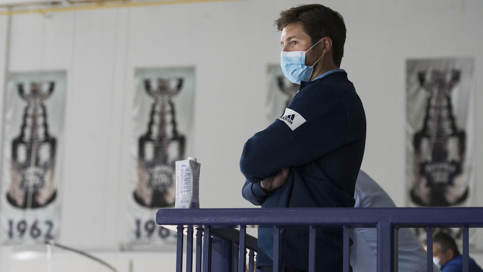 Toronto Maple Leafs general manager Kyle Dubas watches during NHL training camp ahead of the NHL Stanley Cup playoffs in Toronto on Wednesday, July 15, 2020. THE CANADIAN PRESS/Nathan Denette