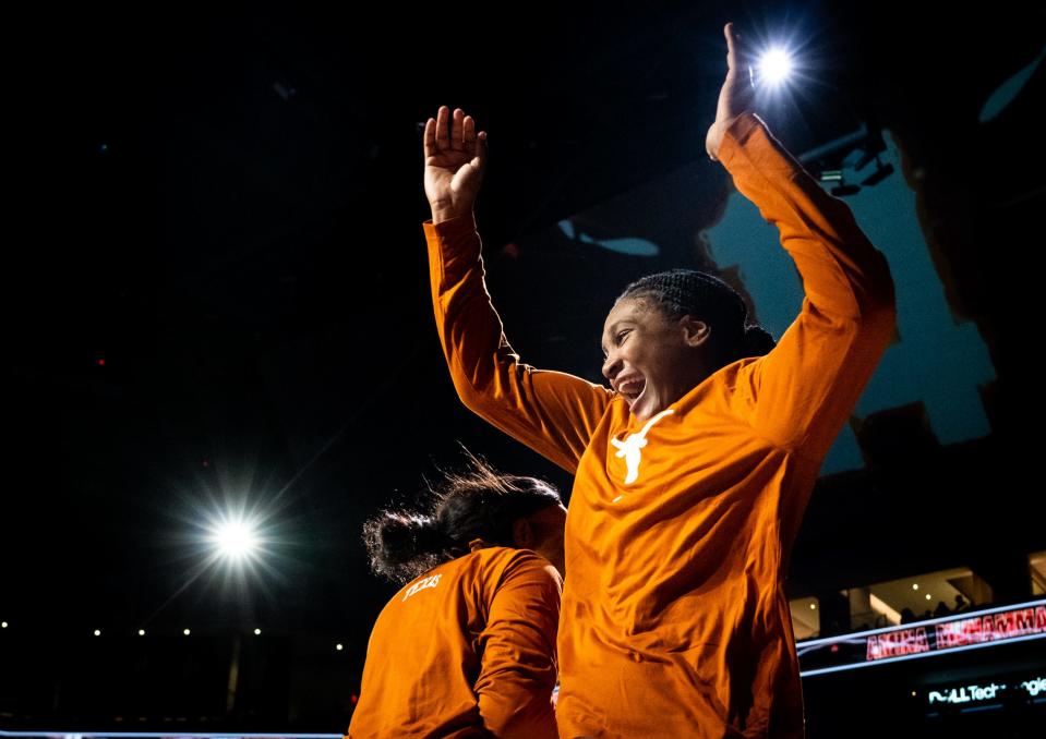 Texas forward Madison Booker runs onto the court ahead of the Longhorns' game against the Southern University Jaguars at Moody Center earlier this month. The 6-foot-1 forward might be the second-best passer on the team, according to head coach Vic Schaefer.