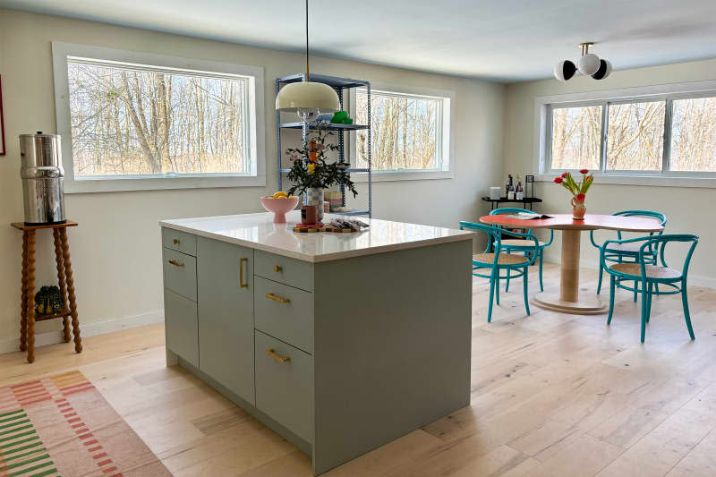 Island in kitchen after renovation.