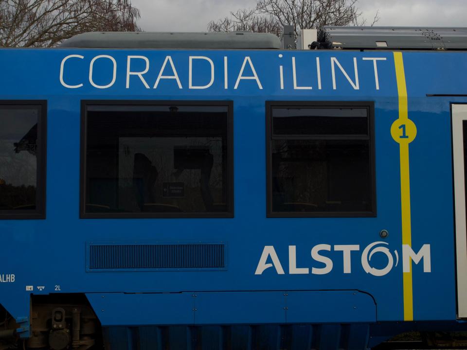 An Alstom logo on Alstom's Coradia iLint Hydrogen train.