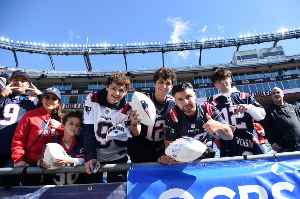 Oct 8, 2023; Foxborough, Massachusetts, USA; A group of New England Patriots fans prior to a game against the New Orleans Saints at Gillette Stadium. Mandatory Credit: Bob DeChiara-USA TODAY Sports