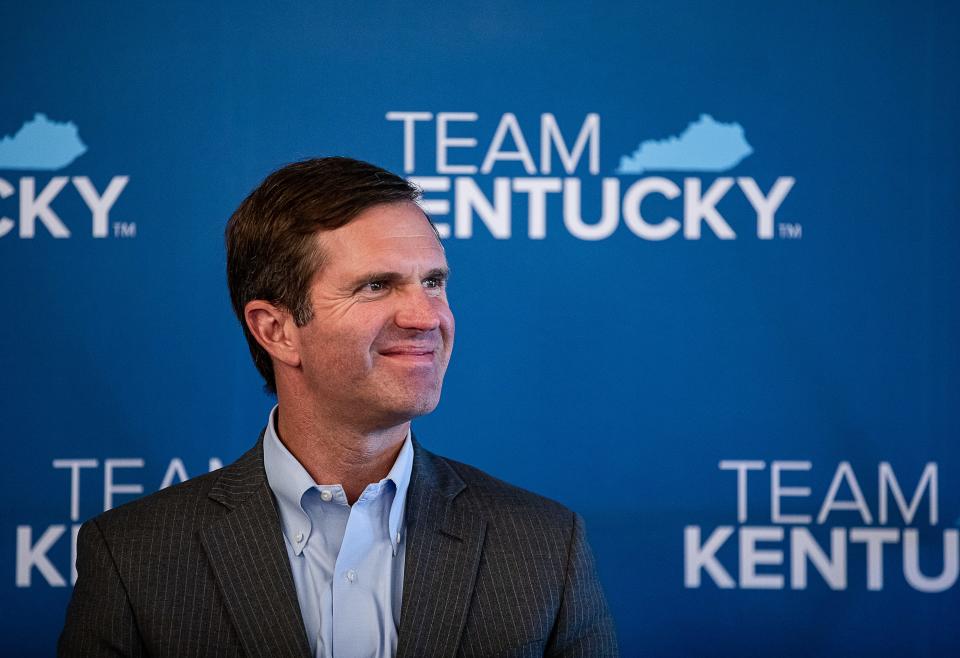 Kentucky Gov. Andy Beshear smiles at a sports betting press conference in July 2023. Beshear is up for reelection in November.