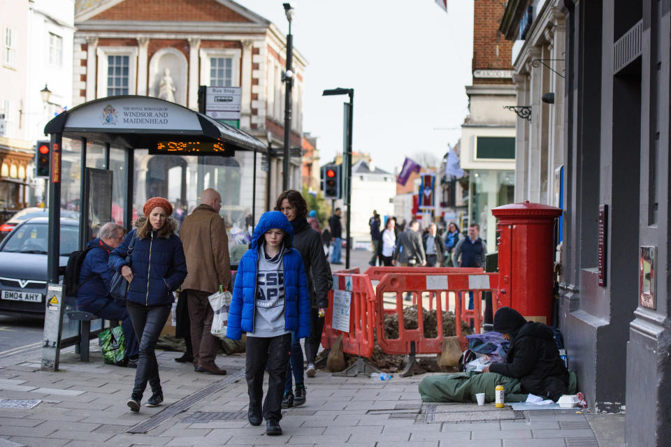 Homeless people on the High Street in Windsor, Berkshire. Local council leader Simon Dudley controversially called on police to clear rough sleepers from Windsor before the royal wedding. Picture date: Thursday April 5th, 2018. Photo credit should read: Matt Crossick/ EMPICS Entertainment.