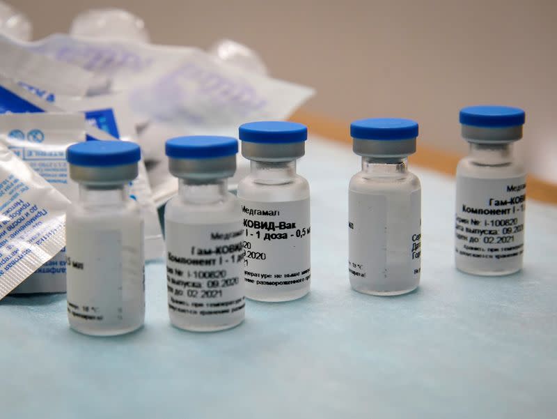 Bottles with Russia's "Sputnik-V" vaccine against the coronavirus disease (COVID-19) are seen before inoculation at a clinic in Tver