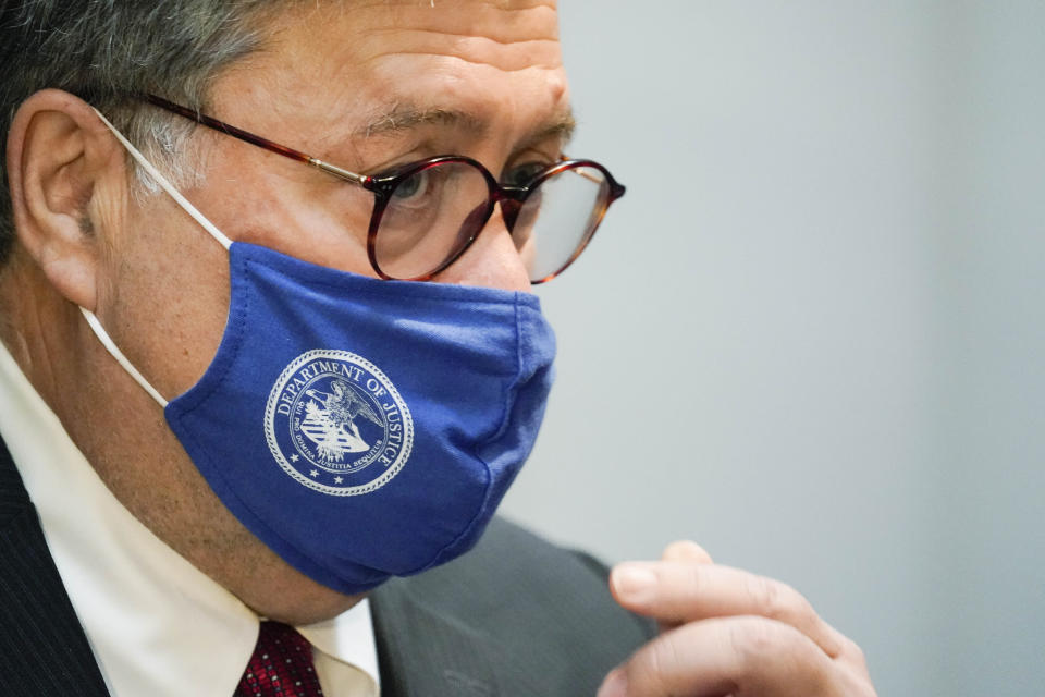 U.S. Attorney General William Barr listens during a tour Georgia Center for Child Advocacy on Monday, Sept. 21, 2020, in Atlanta. (AP Photo/Brynn Anderson)