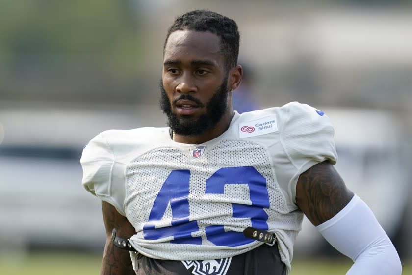 Los Angeles Rams safety John Johnson III (43) during an NFL football camp practice Tuesday, Aug. 18, 2020, in Thousand Oaks, Calif. (AP Photo/Marcio Jose Sanchez)