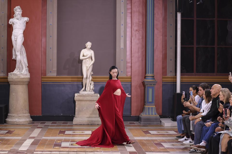 A model wears a creation for the Valentino Spring/Summer 2024 womenswear fashion collection presented Sunday, Oct. 1, 2023 in Paris. (AP Photo/Vianney Le Caer)