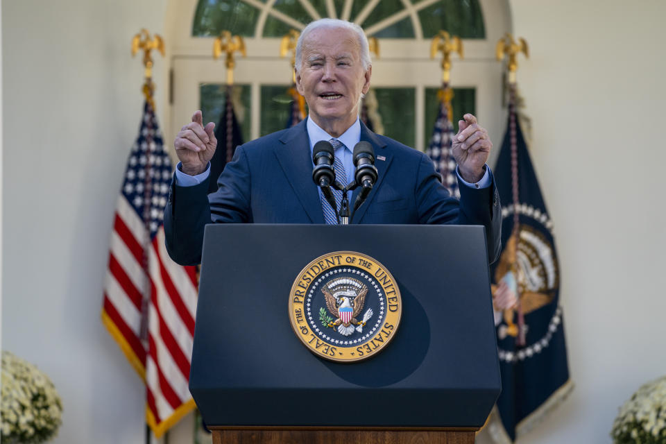 President Joe Biden speaks during an event in the Rose Garden of the White House, Oct. 11, 2023, in Washington. Biden is returning to Pennsylvania to use the critical battleground state again as a backdrop for some of his favorite political themes, championing steep increases in public works spending and detailing how bolstering green energy can spur U.S. manufacturing. (AP Photo/Evan Vucci)