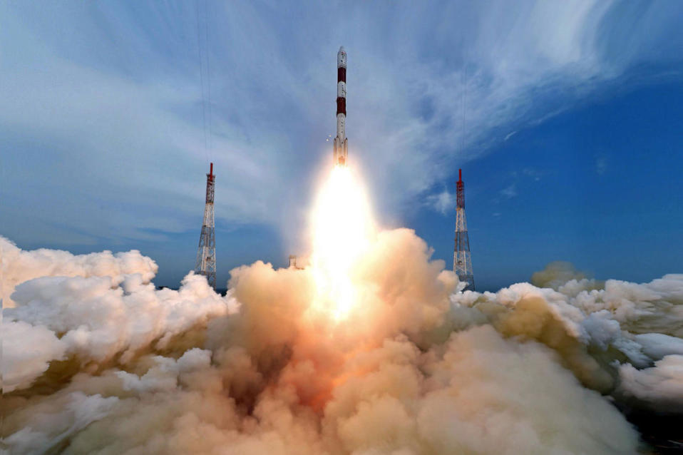<p>A photo provided by the Indian Space Research Organization (ISRO) shows the fully integrated PSLV-C35 taking off from the launch pad at Sriharikota’s Satish Dhawan Space Centre in Andhra Pradesh, India, on September 26, 2016. ISRO successfully put into orbit its own weather satellite SCATSAT-1 and seven others, including five foreign ones, according to media reports. (EPA)</p>