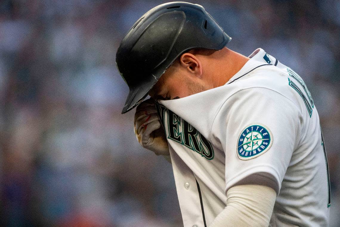 Seattle Mariners left fielder Jarred Kelenic (10) reacts after grounding out to second base in the bottom of the 13th inning of game 3 of the ALDS on Saturday, Oct. 15, 2022, at T-Mobile Park in Seattle.