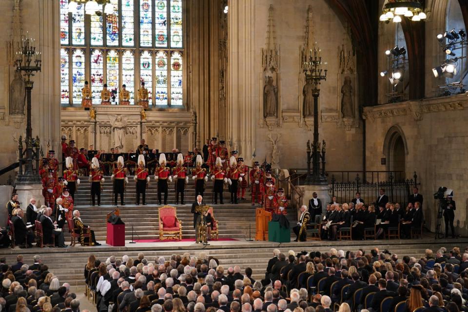 King Charles III gives his address thanking the members of the House of Lords and the House of Commons for their condolences at Westminster Hall, London (Joe Giddens/PA) (PA Wire)