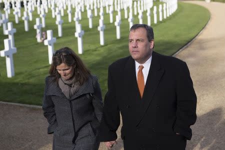 New Jersey Governor Chris Christie and his wife Mary Pat Christie visit the American Cemetery in Cambridge, eastern England February 2, 2015. REUTERS/Neil Hall