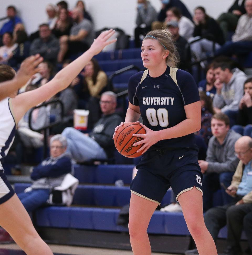 University's Kelsey DuBois (00) holds the ball during a 57-48 loss to Tri-West on Thursday, January 27, 2022.