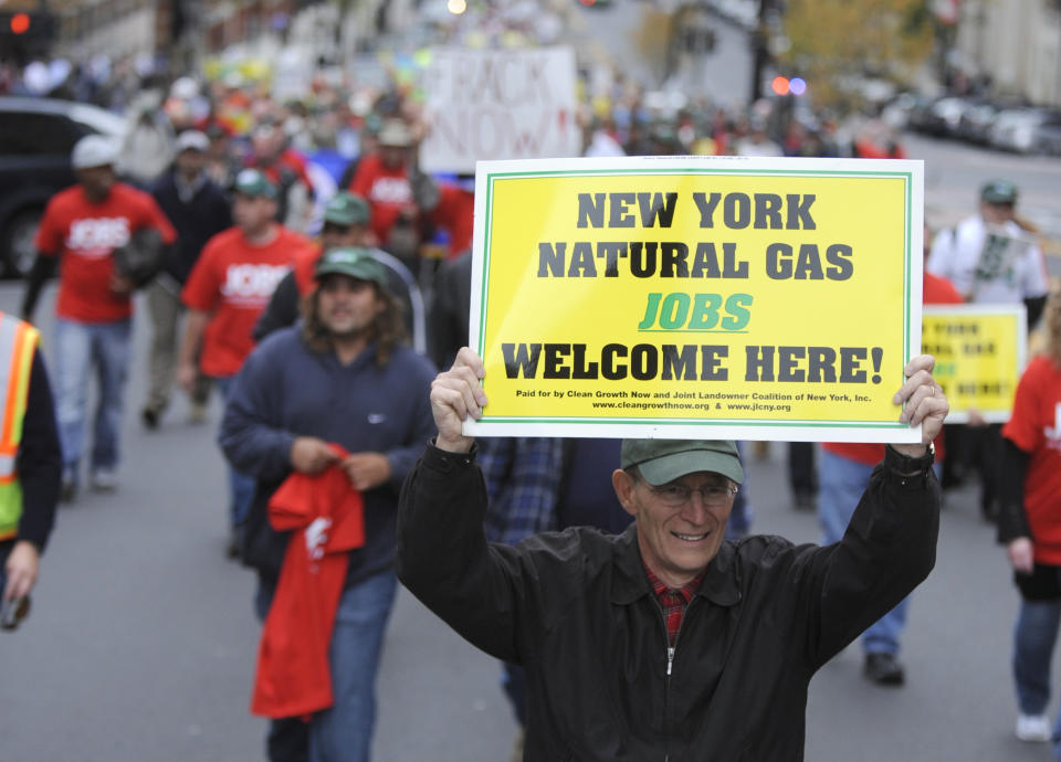 Demonstrators in favor of responsible natural gas drilling in New York march to the Capitol in Albany, N.Y. on Monday, Oct. 15, 2012. (AP Photo/Tim Roske)